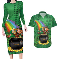 Hawaii Saint Patrick's Day Couples Matching Long Sleeve Bodycon Dress and Hawaiian Shirt Funny Leprechaun With Pot Of Gold - Polynesian Tattoo