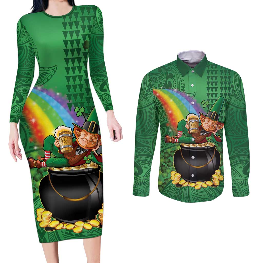 Hawaii Saint Patrick's Day Couples Matching Long Sleeve Bodycon Dress and Long Sleeve Button Shirt Funny Leprechaun With Pot Of Gold - Polynesian Tattoo LT14 Green - Polynesian Pride