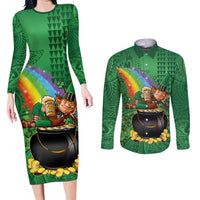 Hawaii Saint Patrick's Day Couples Matching Long Sleeve Bodycon Dress and Long Sleeve Button Shirt Funny Leprechaun With Pot Of Gold - Polynesian Tattoo LT14 Green - Polynesian Pride
