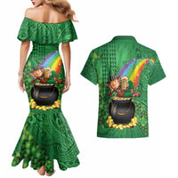 Hawaii Saint Patrick's Day Couples Matching Mermaid Dress and Hawaiian Shirt Funny Leprechaun With Pot Of Gold - Polynesian Tattoo