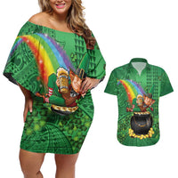 Hawaii Saint Patrick's Day Couples Matching Off Shoulder Short Dress and Hawaiian Shirt Funny Leprechaun With Pot Of Gold - Polynesian Tattoo