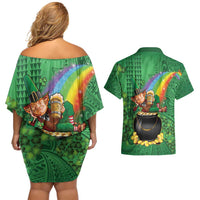 Hawaii Saint Patrick's Day Couples Matching Off Shoulder Short Dress and Hawaiian Shirt Funny Leprechaun With Pot Of Gold - Polynesian Tattoo