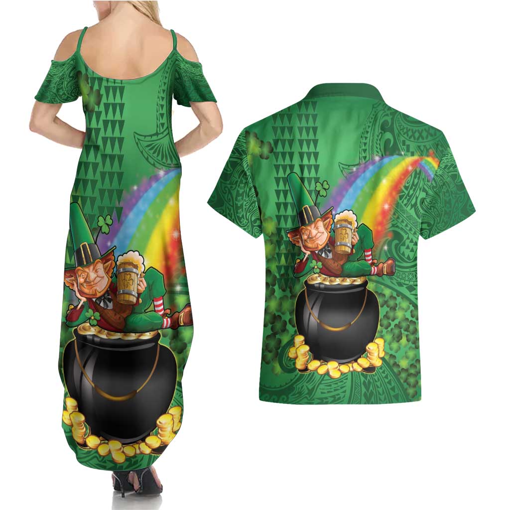 Hawaii Saint Patrick's Day Couples Matching Summer Maxi Dress and Hawaiian Shirt Funny Leprechaun With Pot Of Gold - Polynesian Tattoo