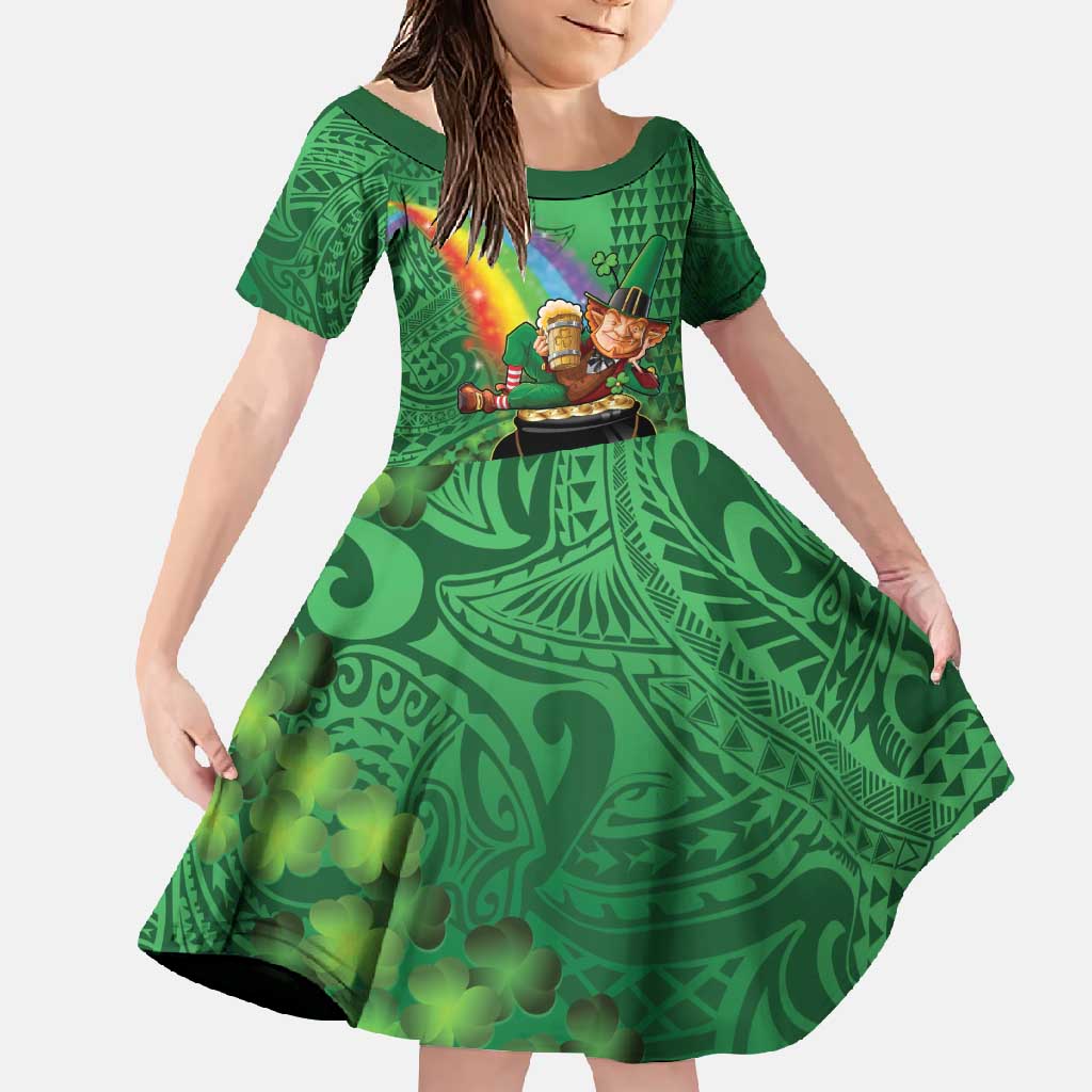 Hawaii Saint Patrick's Day Family Matching Off Shoulder Maxi Dress and Hawaiian Shirt Funny Leprechaun With Pot Of Gold - Polynesian Tattoo