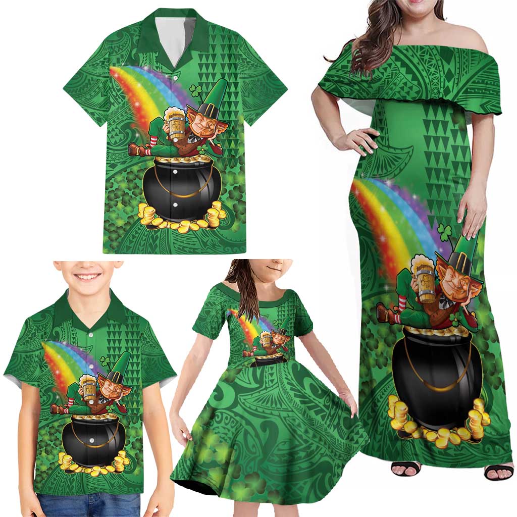 Hawaii Saint Patrick's Day Family Matching Off Shoulder Maxi Dress and Hawaiian Shirt Funny Leprechaun With Pot Of Gold - Polynesian Tattoo