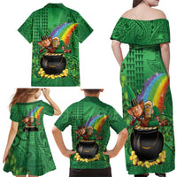 Hawaii Saint Patrick's Day Family Matching Off Shoulder Maxi Dress and Hawaiian Shirt Funny Leprechaun With Pot Of Gold - Polynesian Tattoo
