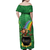 Hawaii Saint Patrick's Day Family Matching Off Shoulder Maxi Dress and Hawaiian Shirt Funny Leprechaun With Pot Of Gold - Polynesian Tattoo