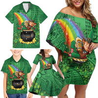 Hawaii Saint Patrick's Day Family Matching Off Shoulder Short Dress and Hawaiian Shirt Funny Leprechaun With Pot Of Gold - Polynesian Tattoo