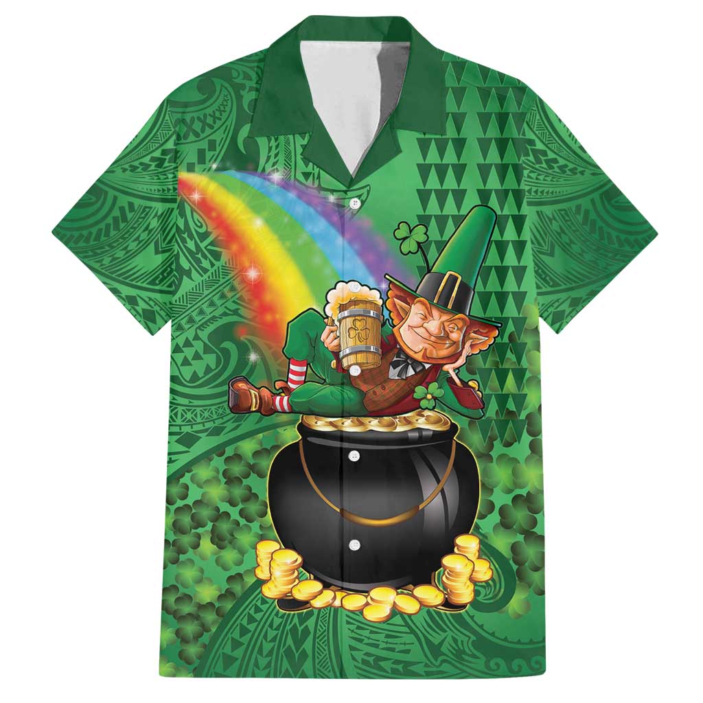 Hawaii Saint Patrick's Day Family Matching Off Shoulder Short Dress and Hawaiian Shirt Funny Leprechaun With Pot Of Gold - Polynesian Tattoo