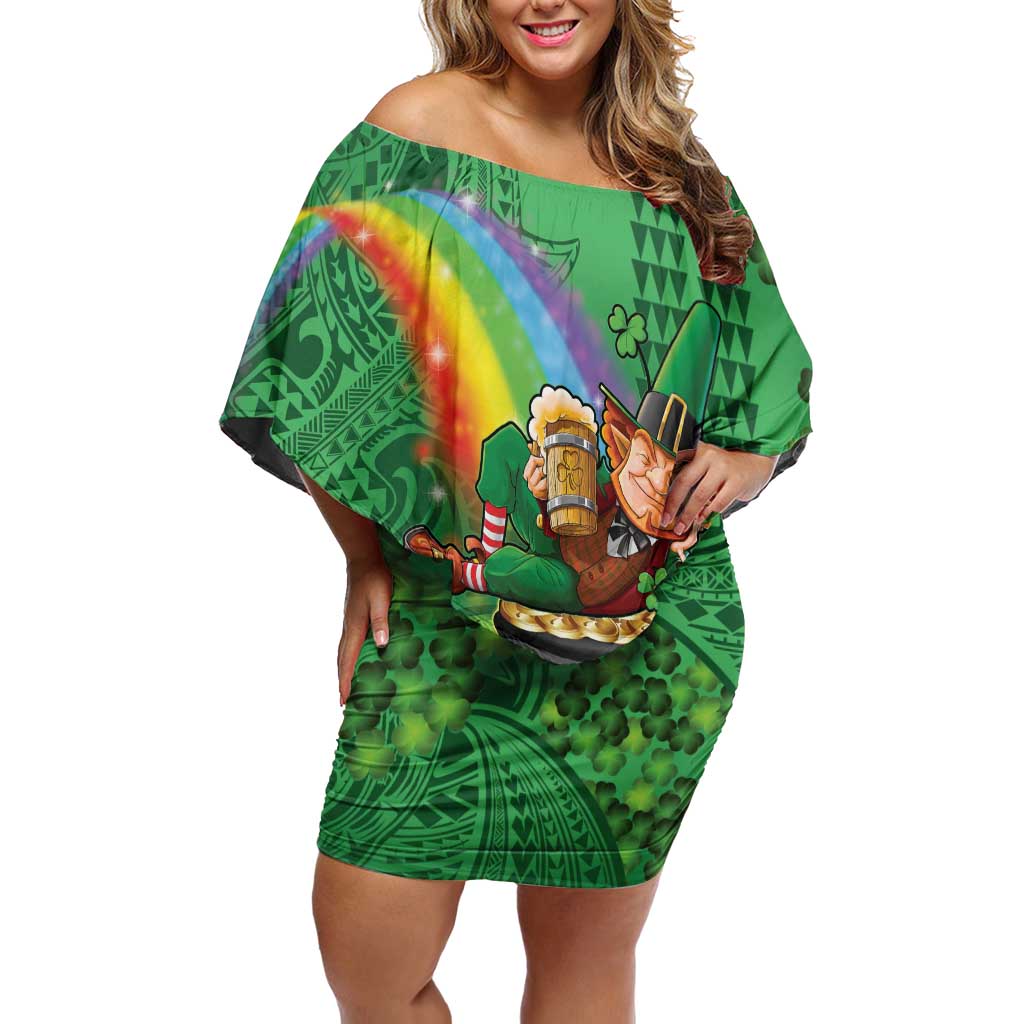 Hawaii Saint Patrick's Day Family Matching Off Shoulder Short Dress and Hawaiian Shirt Funny Leprechaun With Pot Of Gold - Polynesian Tattoo