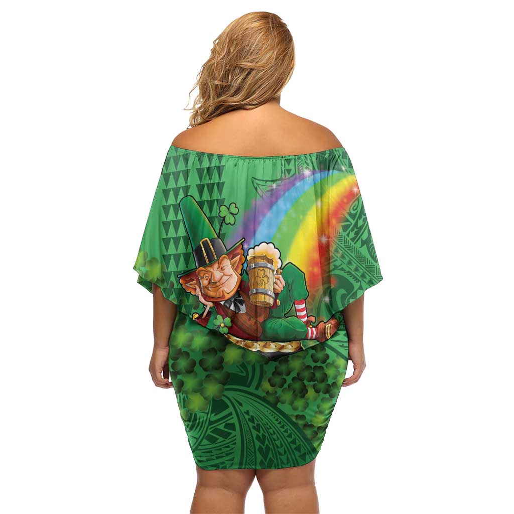 Hawaii Saint Patrick's Day Family Matching Off Shoulder Short Dress and Hawaiian Shirt Funny Leprechaun With Pot Of Gold - Polynesian Tattoo