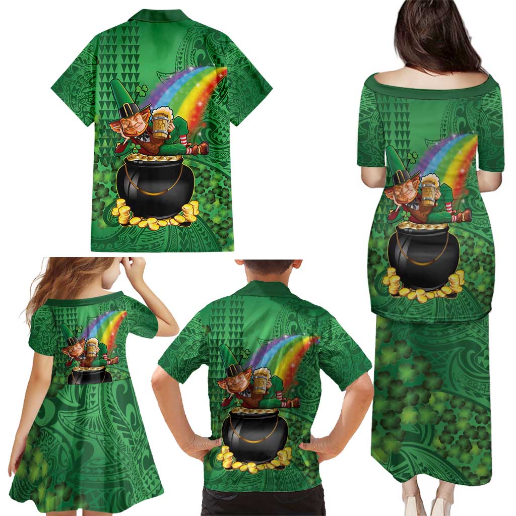 Hawaii Saint Patrick's Day Family Matching Puletasi and Hawaiian Shirt Funny Leprechaun With Pot Of Gold - Polynesian Tattoo