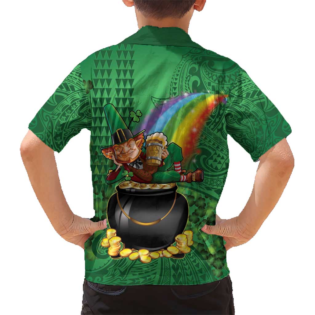 Hawaii Saint Patrick's Day Family Matching Short Sleeve Bodycon Dress and Hawaiian Shirt Funny Leprechaun With Pot Of Gold - Polynesian Tattoo