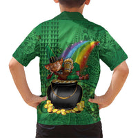 Hawaii Saint Patrick's Day Family Matching Short Sleeve Bodycon Dress and Hawaiian Shirt Funny Leprechaun With Pot Of Gold - Polynesian Tattoo