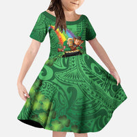 Hawaii Saint Patrick's Day Family Matching Short Sleeve Bodycon Dress and Hawaiian Shirt Funny Leprechaun With Pot Of Gold - Polynesian Tattoo