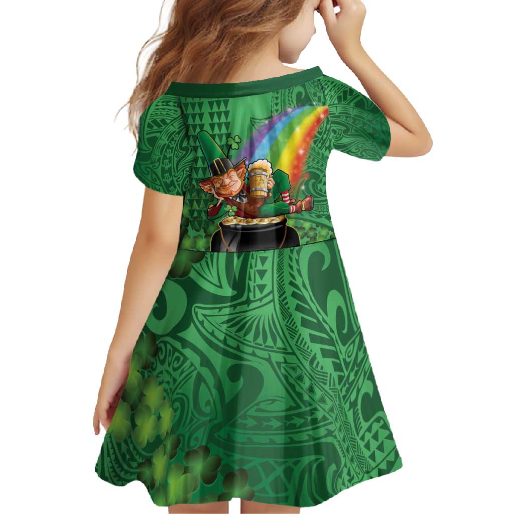 Hawaii Saint Patrick's Day Family Matching Short Sleeve Bodycon Dress and Hawaiian Shirt Funny Leprechaun With Pot Of Gold - Polynesian Tattoo