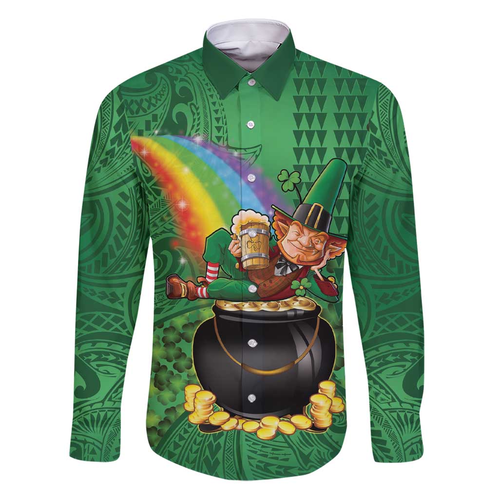 Hawaii Saint Patrick's Day Family Matching Short Sleeve Bodycon Dress and Hawaiian Shirt Funny Leprechaun With Pot Of Gold - Polynesian Tattoo