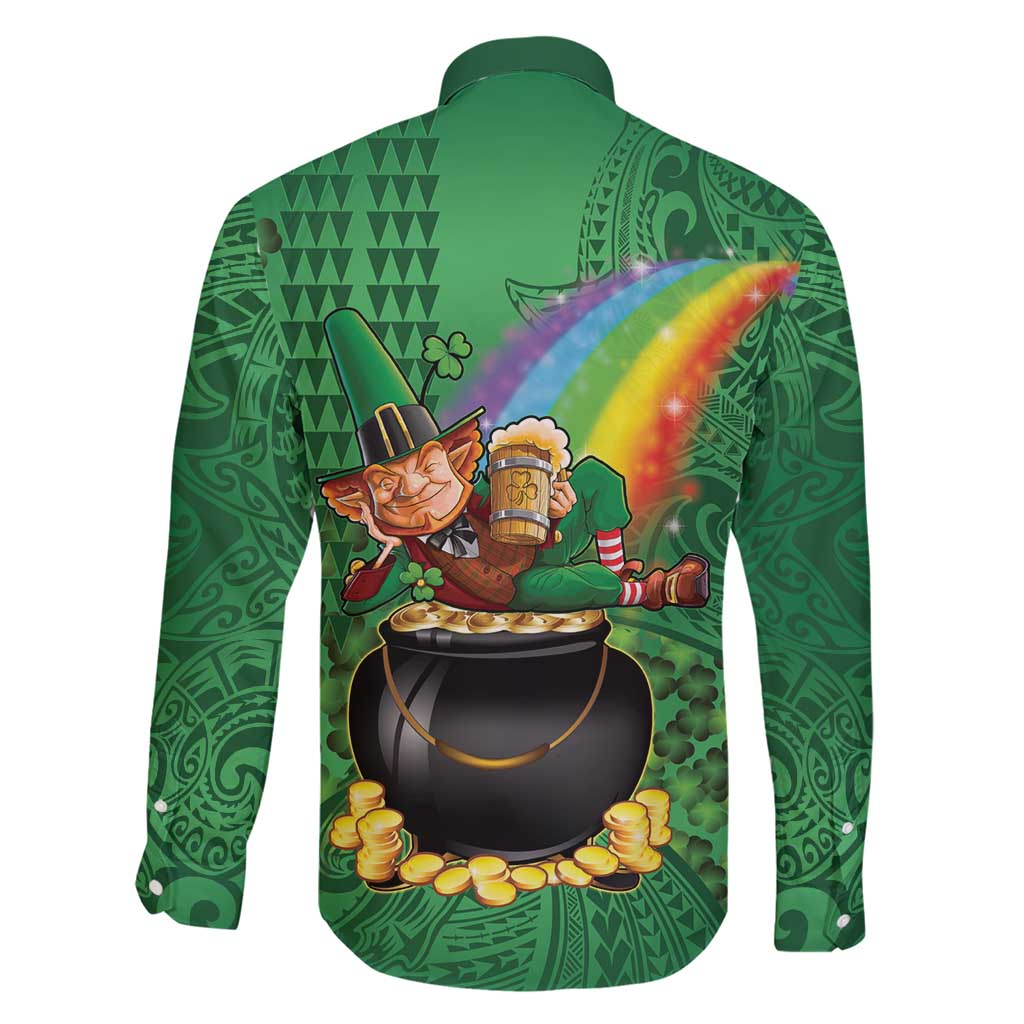 Hawaii Saint Patrick's Day Family Matching Short Sleeve Bodycon Dress and Hawaiian Shirt Funny Leprechaun With Pot Of Gold - Polynesian Tattoo