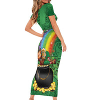 Hawaii Saint Patrick's Day Family Matching Short Sleeve Bodycon Dress and Hawaiian Shirt Funny Leprechaun With Pot Of Gold - Polynesian Tattoo