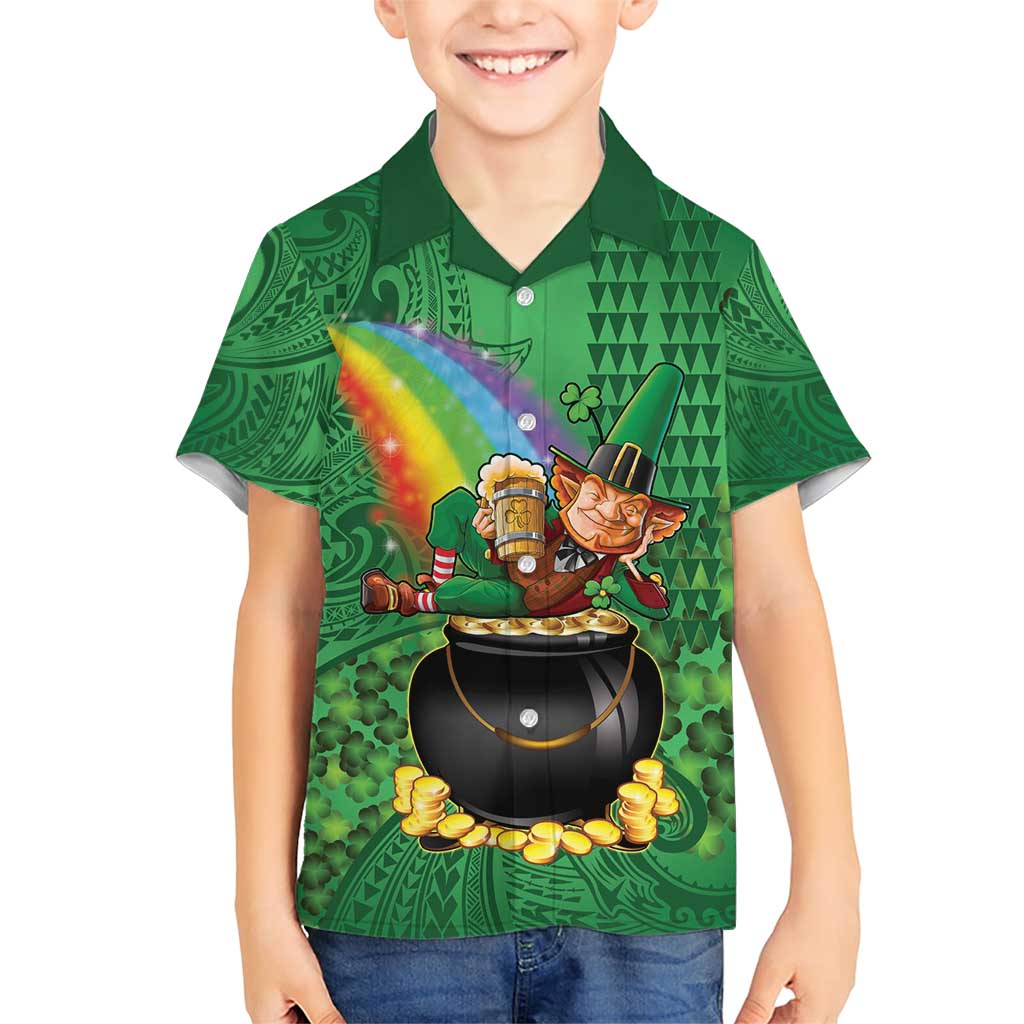 Hawaii Saint Patrick's Day Family Matching Short Sleeve Bodycon Dress and Hawaiian Shirt Funny Leprechaun With Pot Of Gold - Polynesian Tattoo