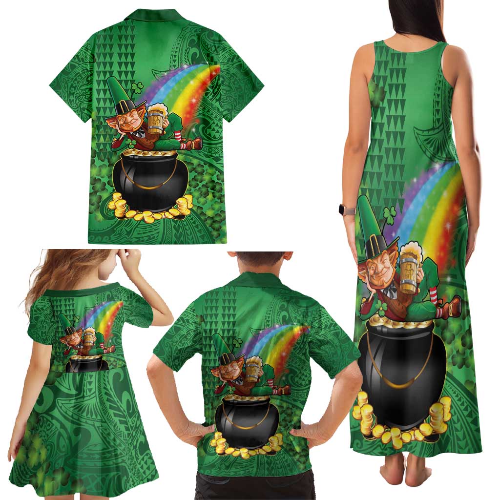 Hawaii Saint Patrick's Day Family Matching Tank Maxi Dress and Hawaiian Shirt Funny Leprechaun With Pot Of Gold - Polynesian Tattoo