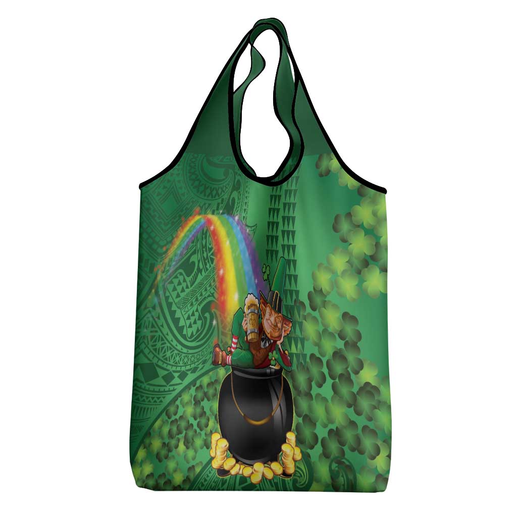 Hawaii Saint Patrick's Day Grocery Bag Funny Leprechaun With Pot Of Gold - Polynesian Tattoo