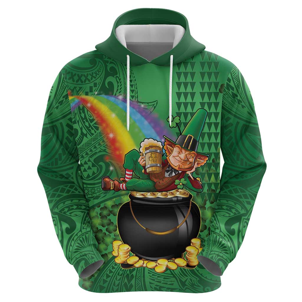 Hawaii Saint Patrick's Day Hoodie Funny Leprechaun With Pot Of Gold - Polynesian Tattoo
