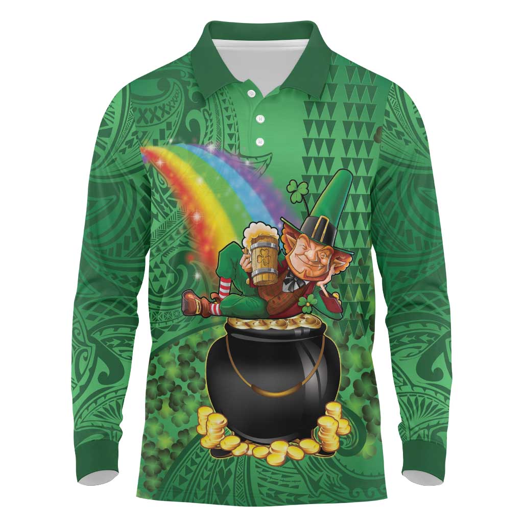 Hawaii Saint Patrick's Day Long Sleeve Polo Shirt Funny Leprechaun With Pot Of Gold - Polynesian Tattoo LT14 Green - Polynesian Pride