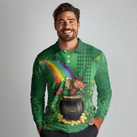 Hawaii Saint Patrick's Day Long Sleeve Polo Shirt Funny Leprechaun With Pot Of Gold - Polynesian Tattoo LT14 - Polynesian Pride
