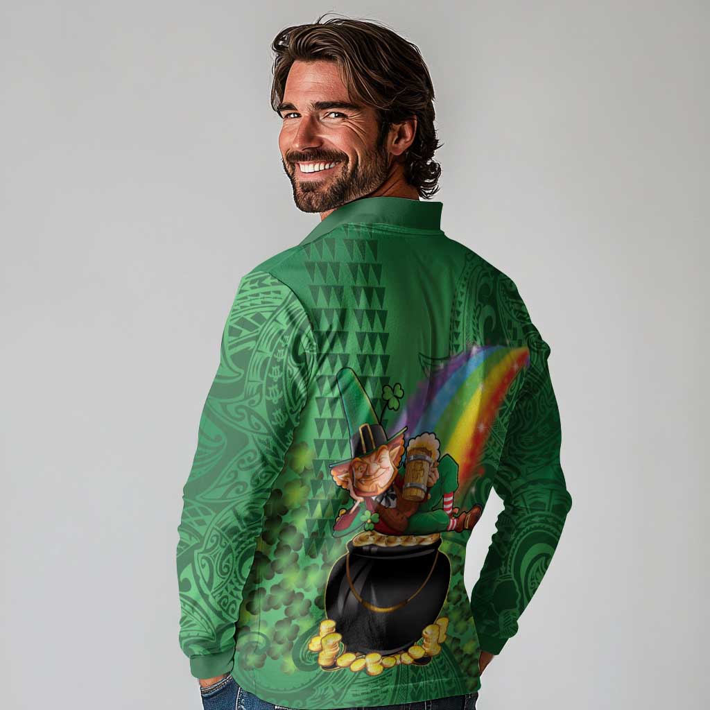 Hawaii Saint Patrick's Day Long Sleeve Polo Shirt Funny Leprechaun With Pot Of Gold - Polynesian Tattoo LT14 - Polynesian Pride