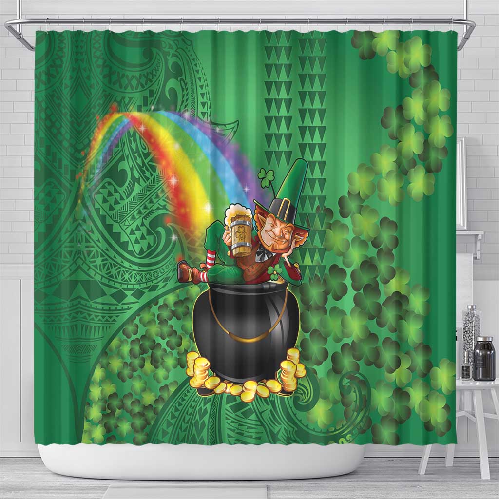 Hawaii Saint Patrick's Day Shower Curtain Funny Leprechaun With Pot Of Gold - Polynesian Tattoo