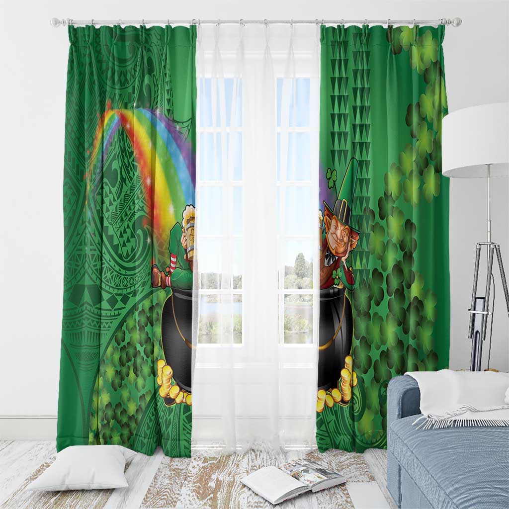Hawaii Saint Patrick's Day Window Curtain Funny Leprechaun With Pot Of Gold - Polynesian Tattoo