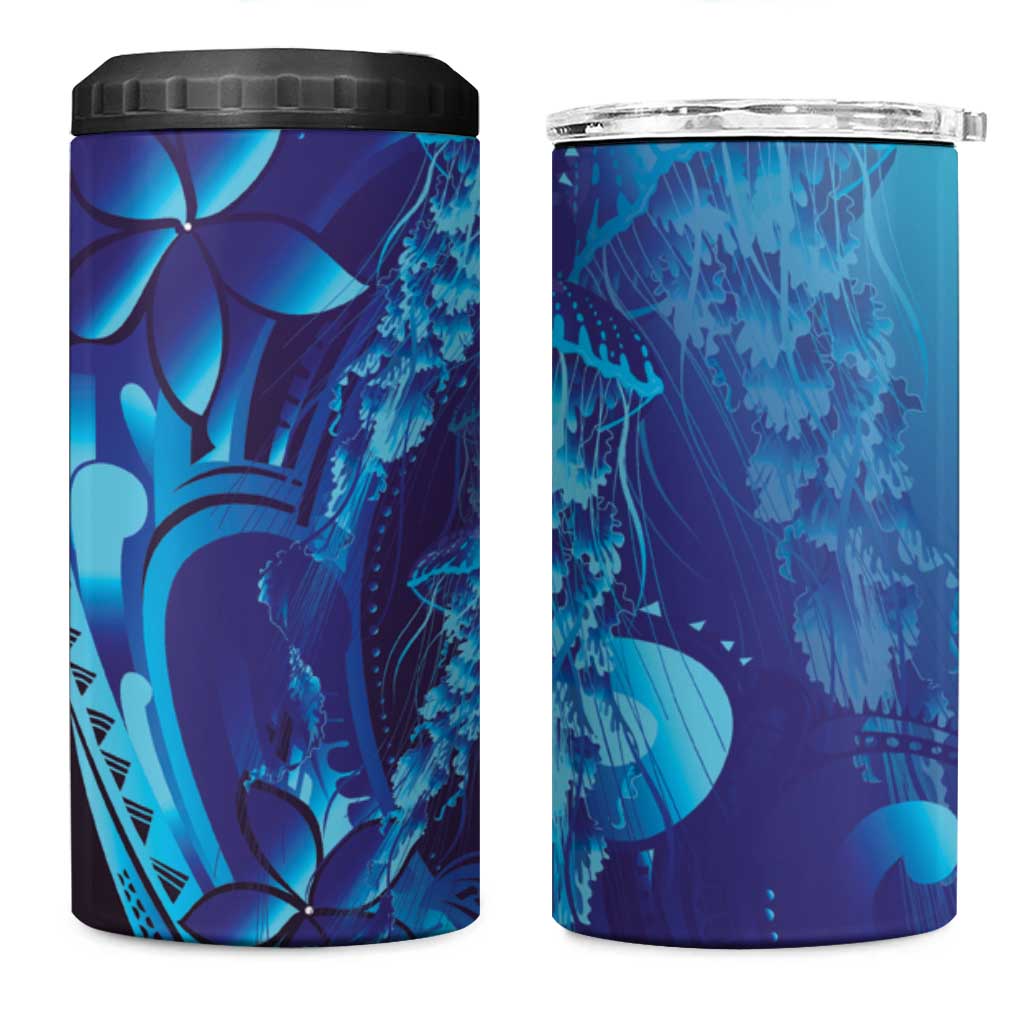 Purple Paradise Polynesia Jellyfish 4 in 1 Can Cooler Tumbler Plumeria Polynesian Tattoo Glowing Vibes