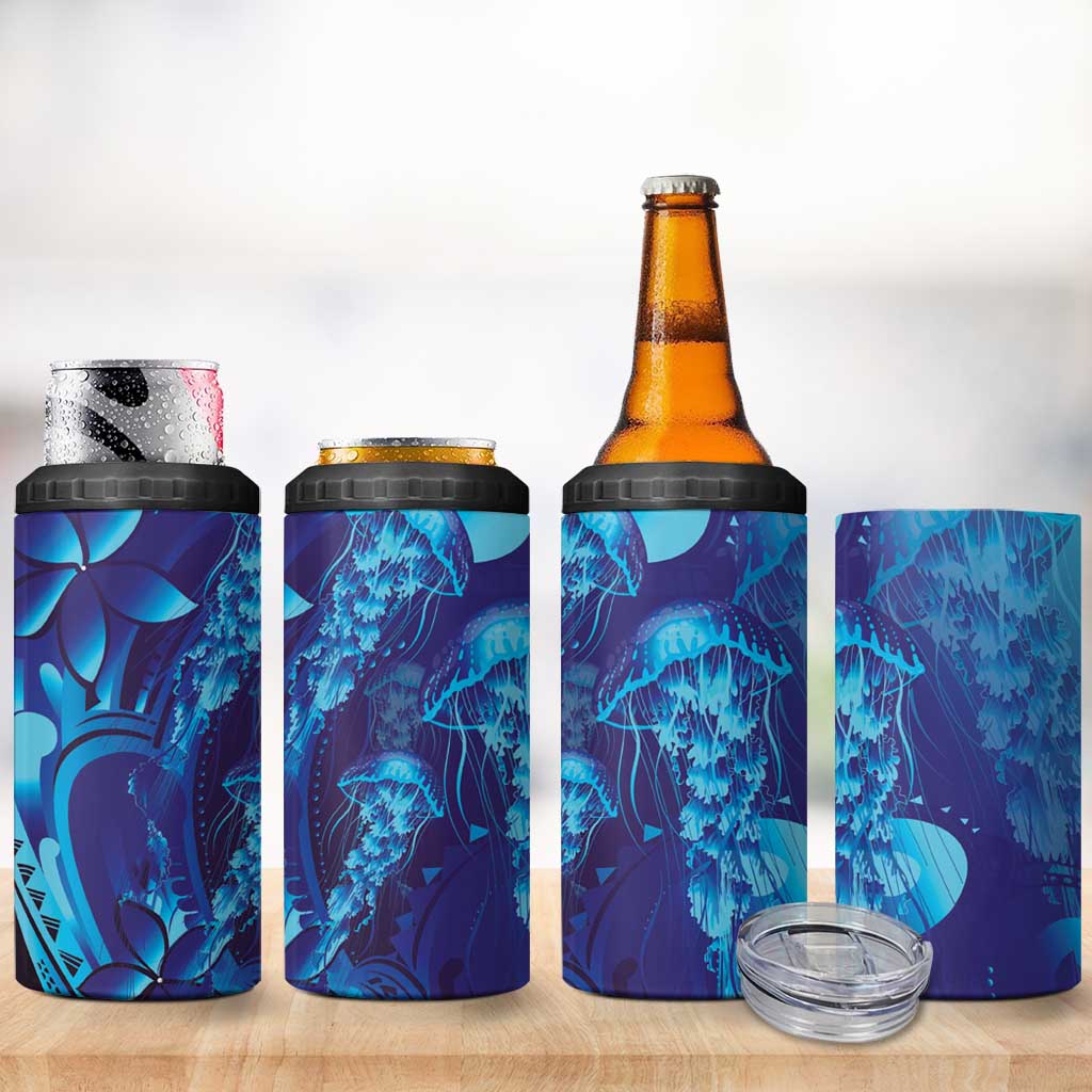 Purple Paradise Polynesia Jellyfish 4 in 1 Can Cooler Tumbler Plumeria Polynesian Tattoo Glowing Vibes