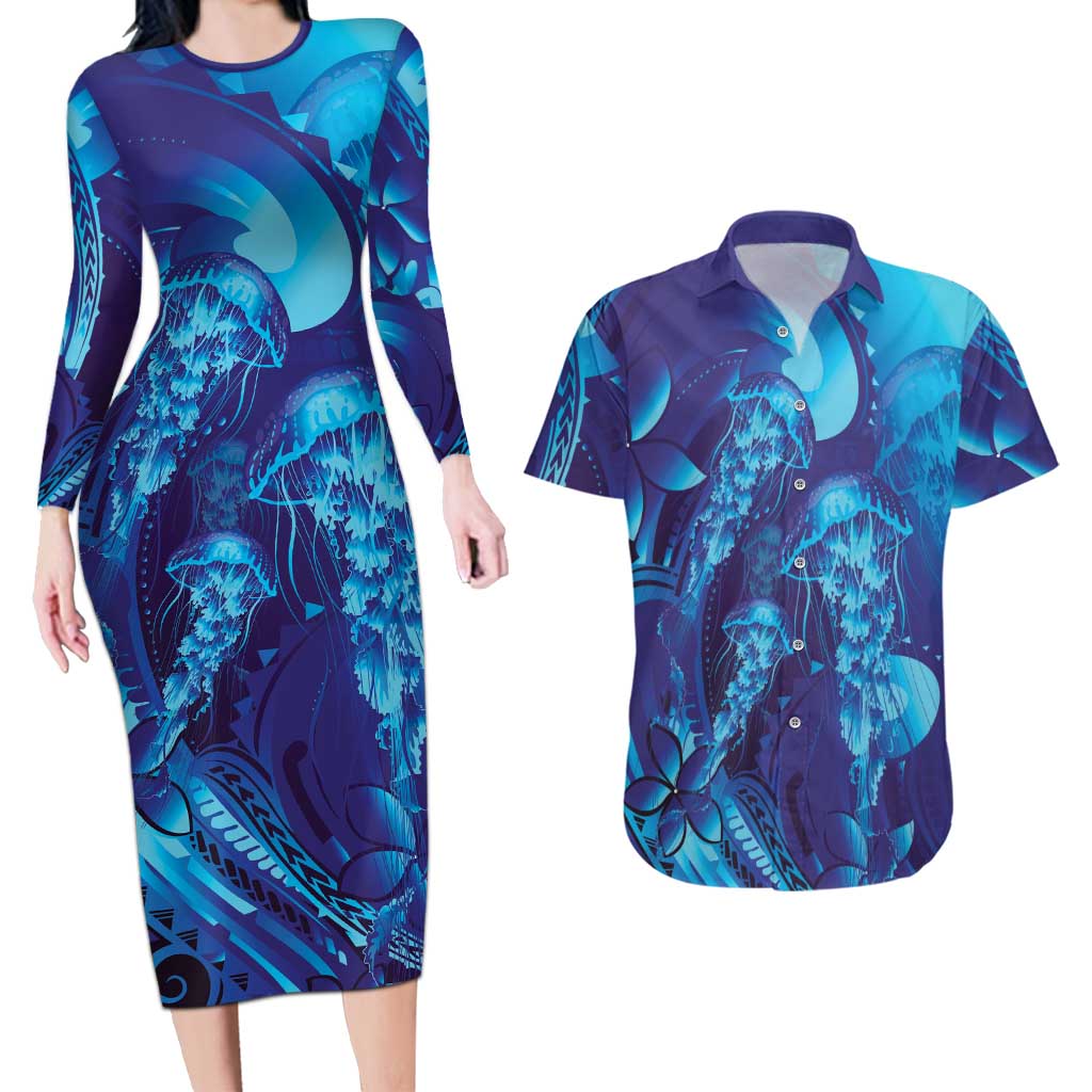 Purple Paradise Polynesia Jellyfish Couples Matching Long Sleeve Bodycon Dress and Hawaiian Shirt Plumeria Polynesian Tattoo Glowing Vibes LT14 Purple - Polynesian Pride