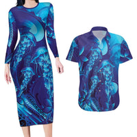 Purple Paradise Polynesia Jellyfish Couples Matching Long Sleeve Bodycon Dress and Hawaiian Shirt Plumeria Polynesian Tattoo Glowing Vibes
