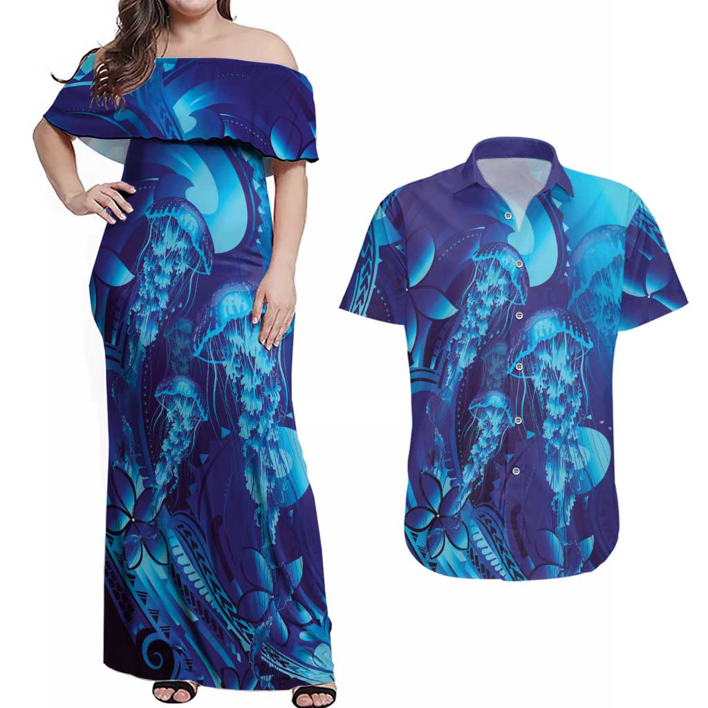 Purple Paradise Polynesia Jellyfish Couples Matching Off Shoulder Maxi Dress and Hawaiian Shirt Plumeria Polynesian Tattoo Glowing Vibes LT14 Purple - Polynesian Pride