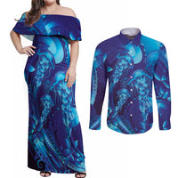 Purple Paradise Polynesia Jellyfish Couples Matching Off Shoulder Maxi Dress and Long Sleeve Button Shirt Plumeria Polynesian Tattoo Glowing Vibes