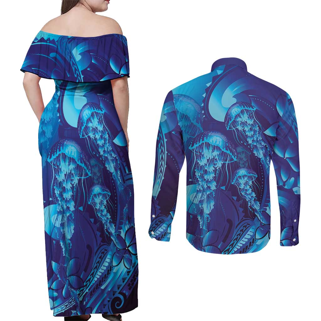 Purple Paradise Polynesia Jellyfish Couples Matching Off Shoulder Maxi Dress and Long Sleeve Button Shirt Plumeria Polynesian Tattoo Glowing Vibes