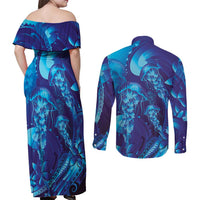 Purple Paradise Polynesia Jellyfish Couples Matching Off Shoulder Maxi Dress and Long Sleeve Button Shirt Plumeria Polynesian Tattoo Glowing Vibes