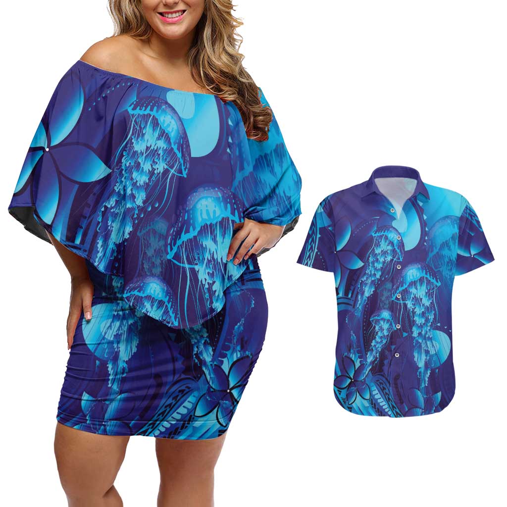 Purple Paradise Polynesia Jellyfish Couples Matching Off Shoulder Short Dress and Hawaiian Shirt Plumeria Polynesian Tattoo Glowing Vibes LT14 Purple - Polynesian Pride