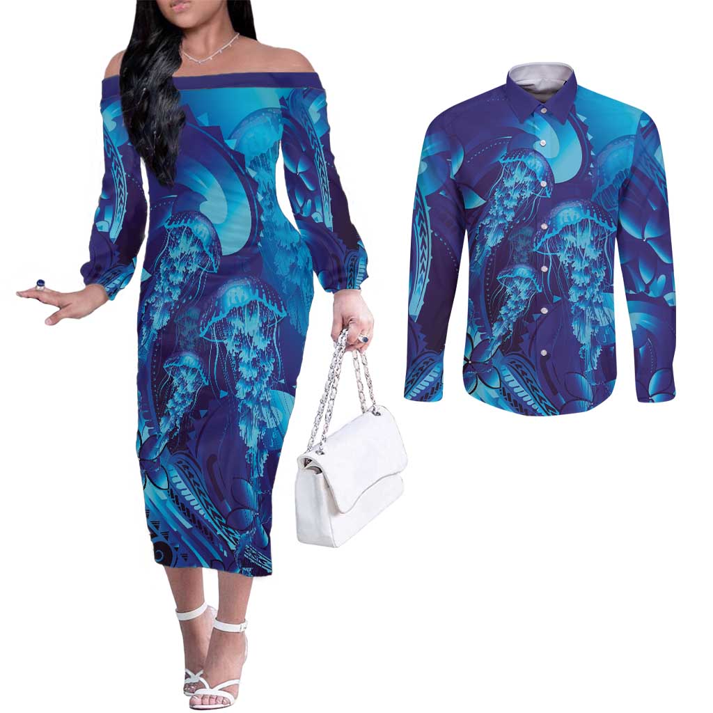 Purple Paradise Polynesia Jellyfish Couples Matching Off The Shoulder Long Sleeve Dress and Long Sleeve Button Shirt Plumeria Polynesian Tattoo Glowing Vibes