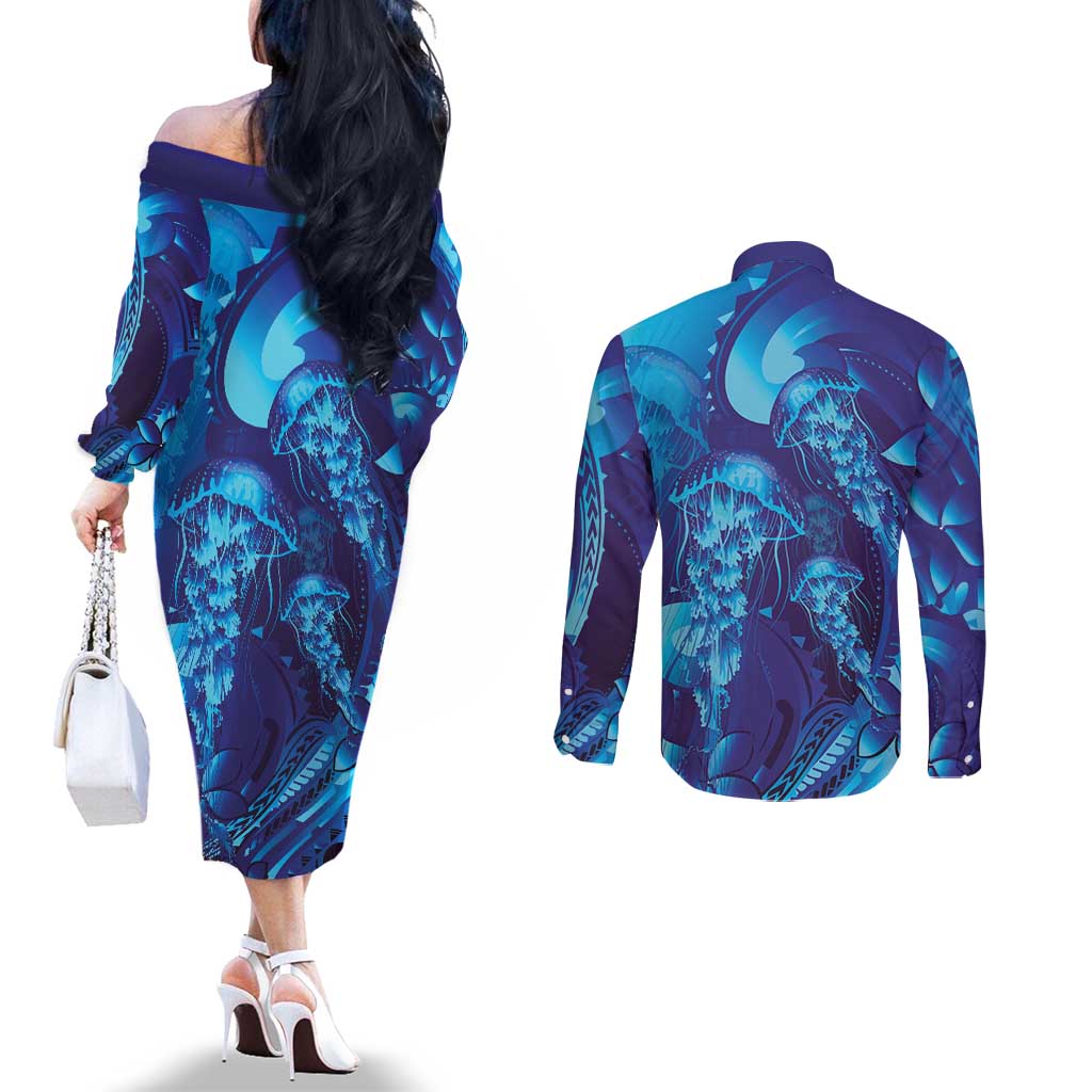 Purple Paradise Polynesia Jellyfish Couples Matching Off The Shoulder Long Sleeve Dress and Long Sleeve Button Shirt Plumeria Polynesian Tattoo Glowing Vibes