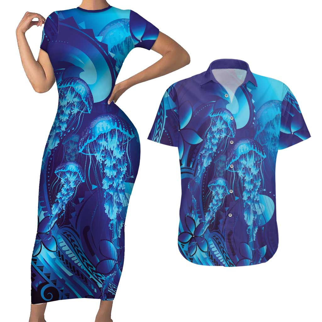 Purple Paradise Polynesia Jellyfish Couples Matching Short Sleeve Bodycon Dress and Hawaiian Shirt Plumeria Polynesian Tattoo Glowing Vibes