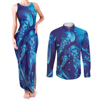 Purple Paradise Polynesia Jellyfish Couples Matching Tank Maxi Dress and Long Sleeve Button Shirt Plumeria Polynesian Tattoo Glowing Vibes