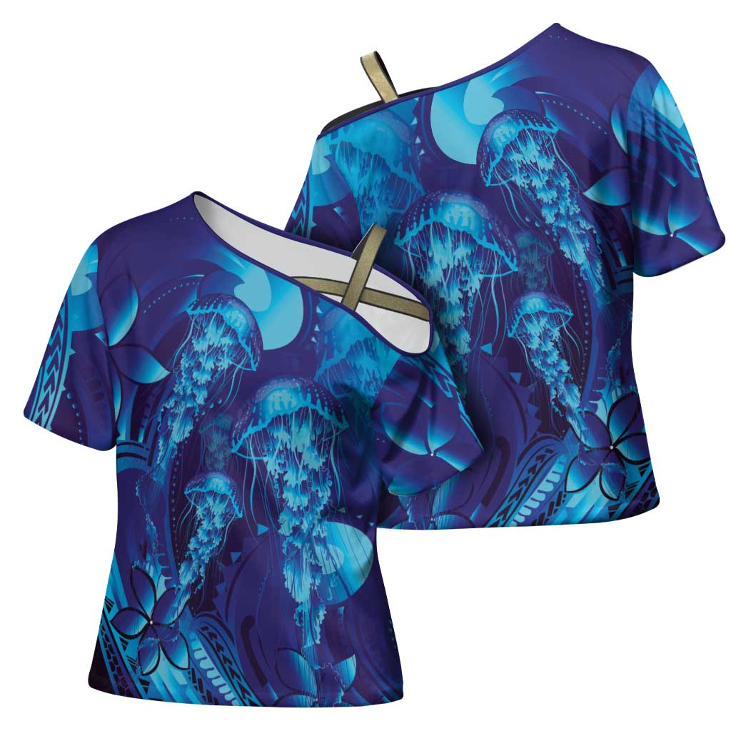 Purple Paradise Polynesia Jellyfish Cross Shoulder Shirt Plumeria Polynesian Tattoo Glowing Vibes