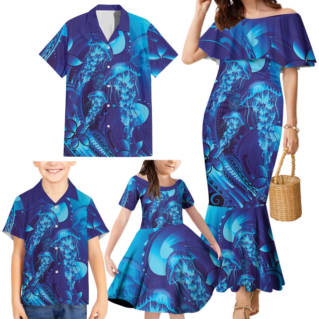 Purple Paradise Polynesia Jellyfish Family Matching Mermaid Dress and Hawaiian Shirt Plumeria Polynesian Tattoo Glowing Vibes
