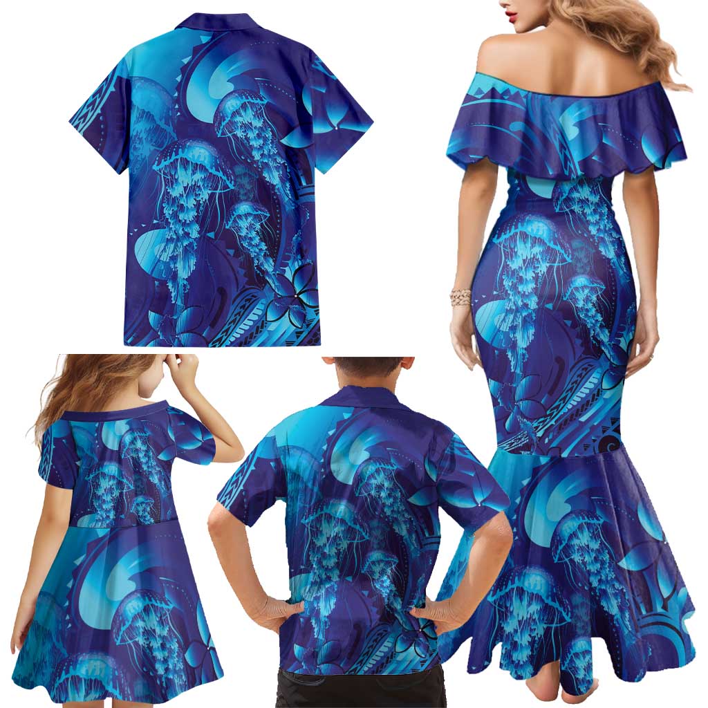 Purple Paradise Polynesia Jellyfish Family Matching Mermaid Dress and Hawaiian Shirt Plumeria Polynesian Tattoo Glowing Vibes