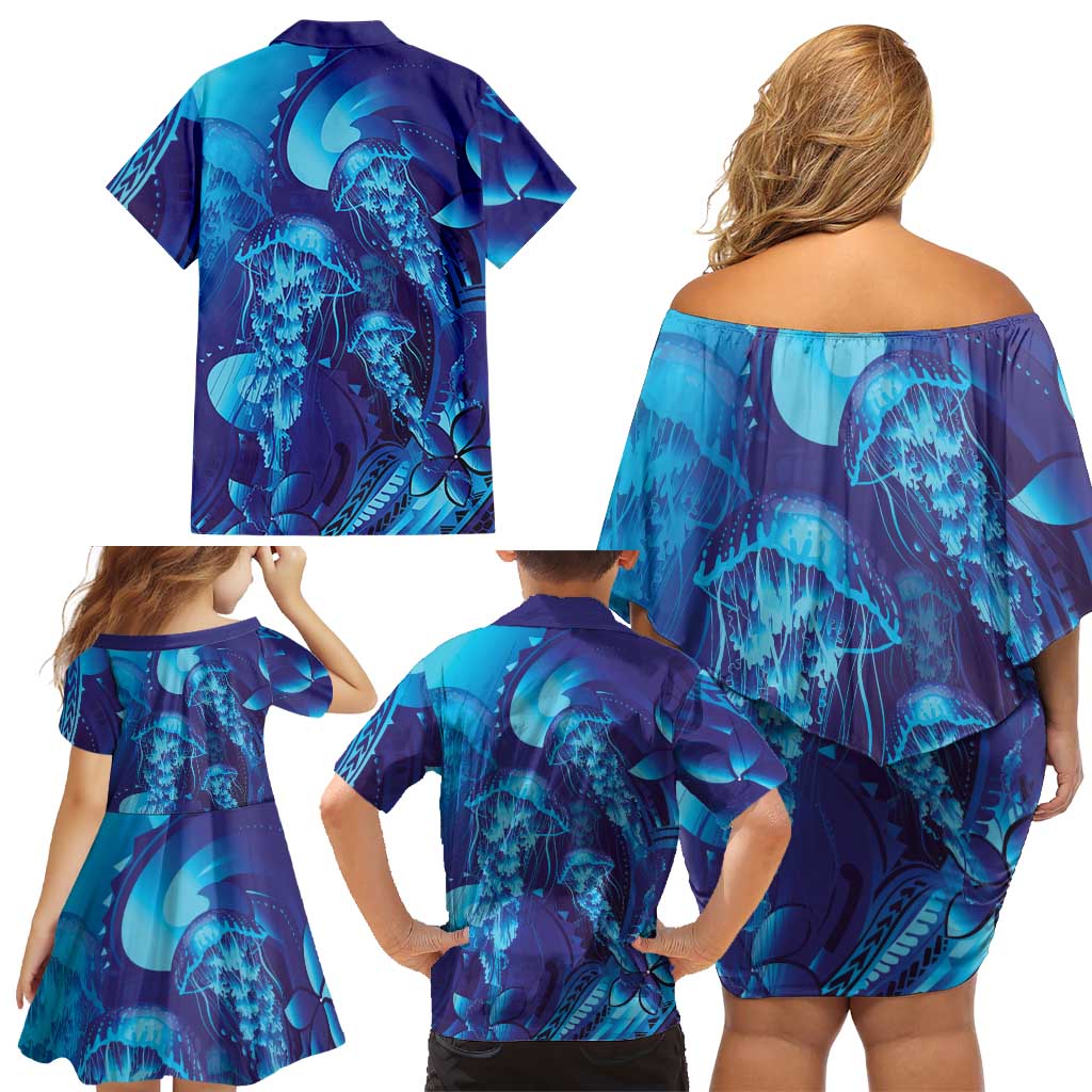 Purple Paradise Polynesia Jellyfish Family Matching Off Shoulder Short Dress and Hawaiian Shirt Plumeria Polynesian Tattoo Glowing Vibes