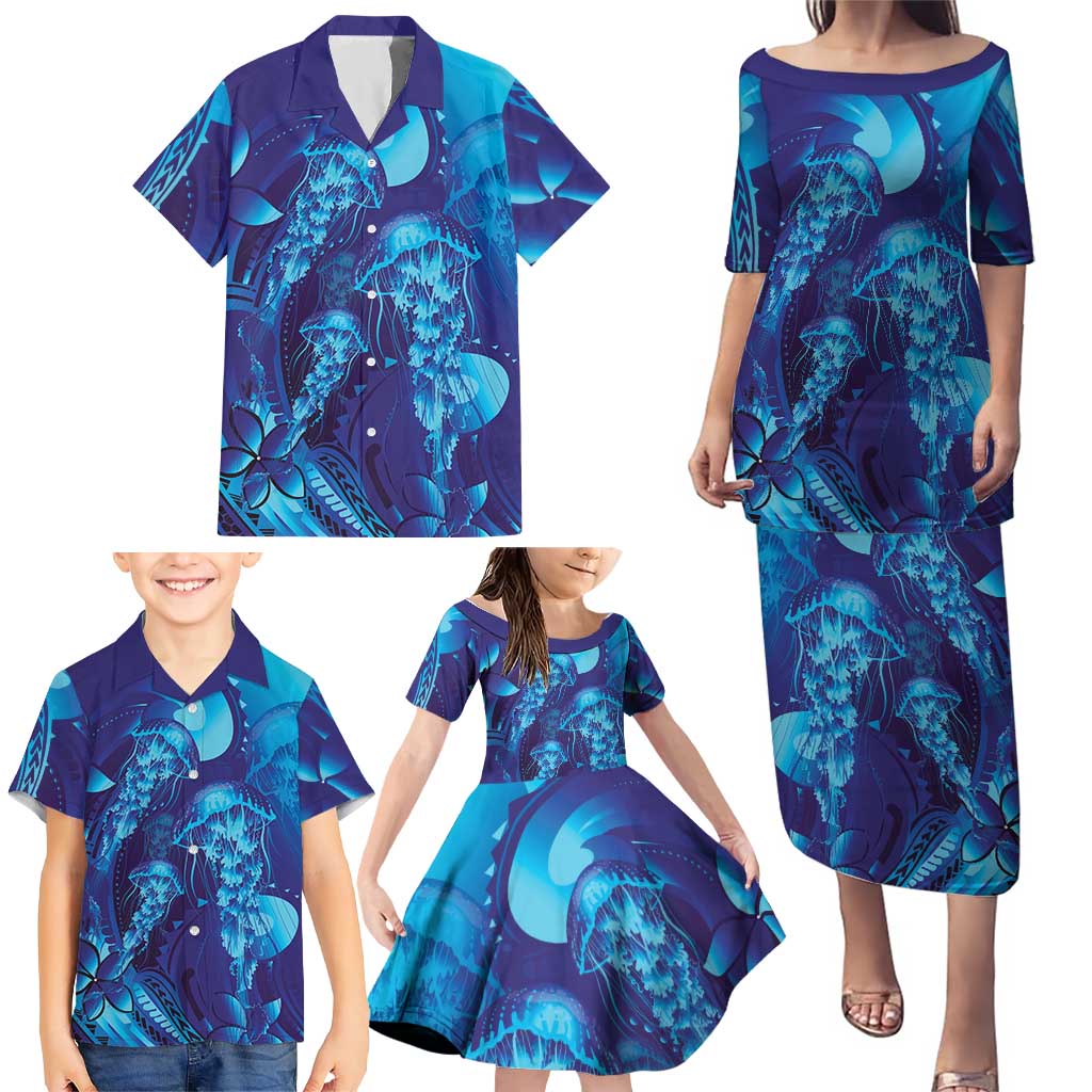 Purple Paradise Polynesia Jellyfish Family Matching Puletasi and Hawaiian Shirt Plumeria Polynesian Tattoo Glowing Vibes
